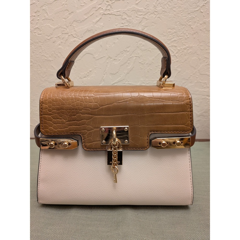 Aldo Brown Croc Embossed Cream Top Handle Satchel Bag Gold Hardware  Charm